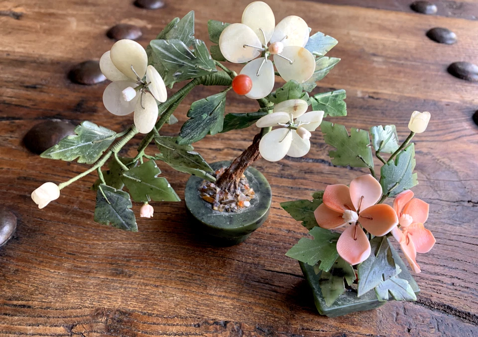 2 Bonsai Árboles Flores Alambre Verde Piedra Vidrio Chino Jade Flor Cerezo De Colección Foto 2 de 4