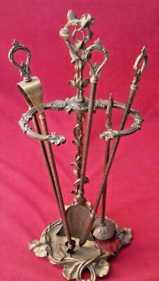 Ancien Serviteur De Cheminée Complet - Style Art Nouveau - Bronze Et Laiton - Objet Déco