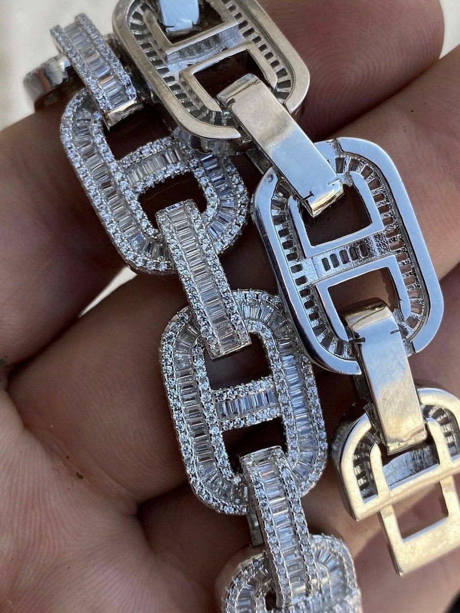 Solid 925 Sterling Silver Baguette Gucci Link Chain Iced
