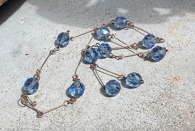 Halskette Perlen Böhmischer Kristall geschliffen hellblau laminiert altgold 40cm