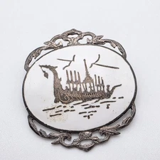 Antique Siam Niello ware Brooch 925 Sterling Silver & White Enamel Sampan Boat
