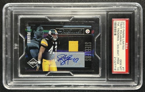POP1 TROY POLAMALU PSA 10 2010 PANINI LIMITED TRADEMARKS PRIME GU PATCH AUTO /10