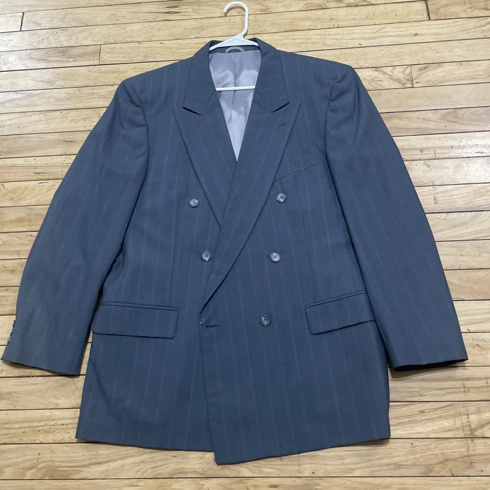Mario Zignone Vtg70s 90s Double Breasted Suit 44R Gray Blue Stripe Peak Lapel - Image 3 of 4