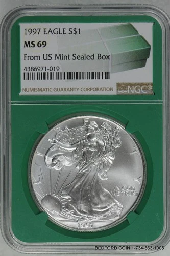NGC MS69 1997 SILVER AMERICAN EAGLE DOLLAR ASE $1 FROM SEALED US MINT BOX (BC19)