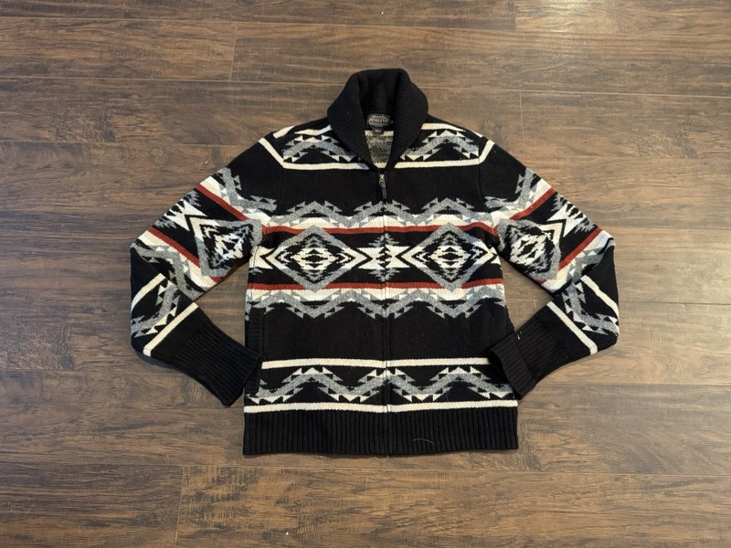 Pendleton Men's Harding Zip Lambswool Cardigan Sweater Small Black Pattern