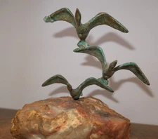 Hand Cast Bronze & Marble 3 Seagulls Sculpture by BIJAN Patina Signed
