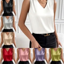 Womens Work Sleeveless Satin Silk Summer Shirt Cami V-Neck Blouse Vest Tops Tee