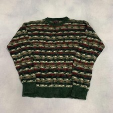 Vintage Abstract Knitted Jumper Patterned Grandad Chunky Knit Sweater Men's L