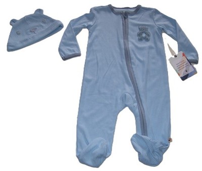 Boys BEARPAW 2 Pc Blue Ribbed LS Footed Sleeper Pajamas Bear Ears Hat 3-6M
