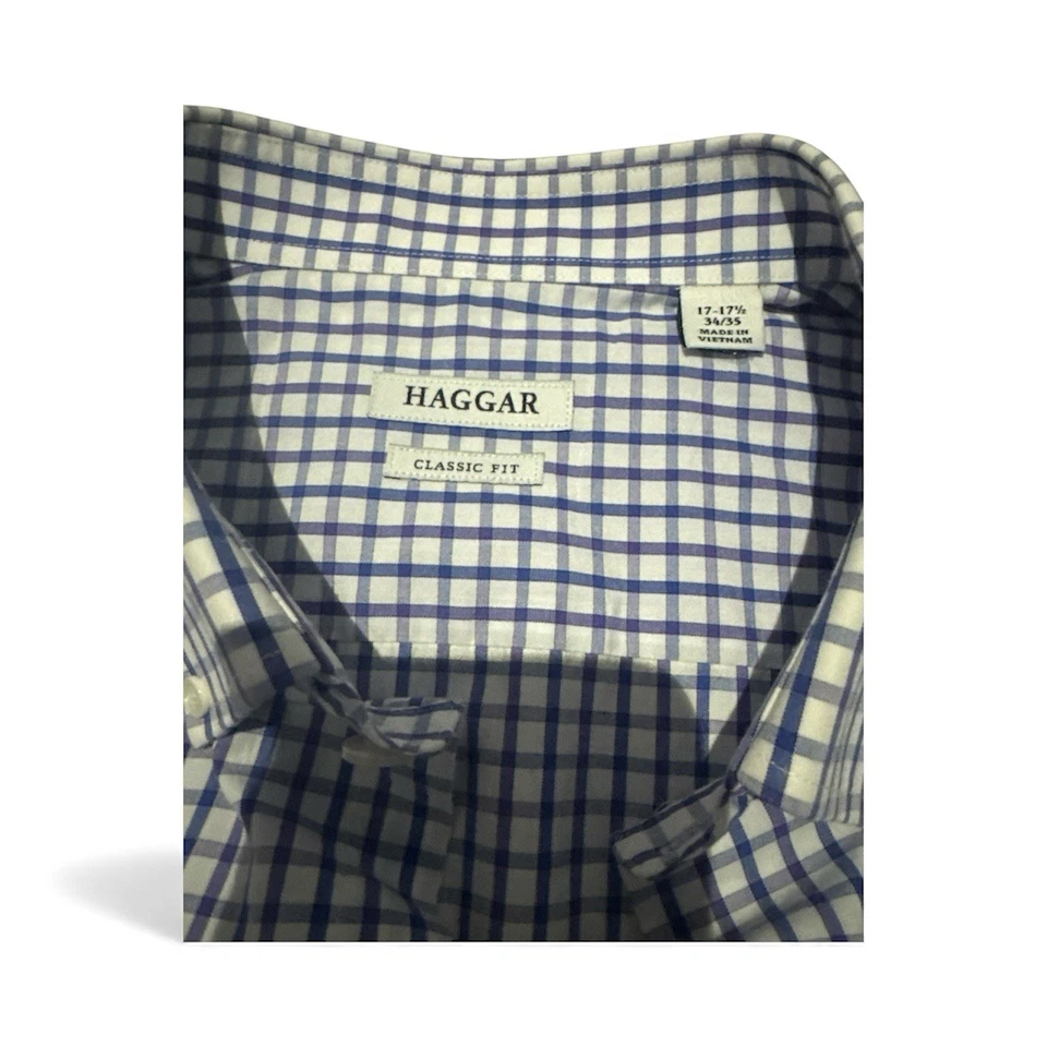 Camisa de vestir Haggar para hombre calce clásico a cuadros con botones 17-17,5 34/35 azul Foto 3 de 3