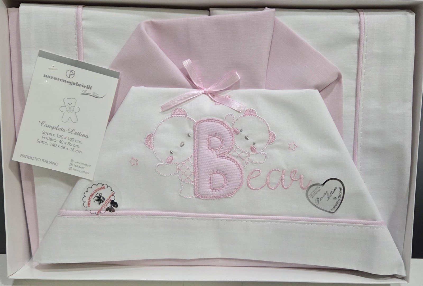 Set di lenzuola per lettino neonato 60x120 cm Rosa Orsetto