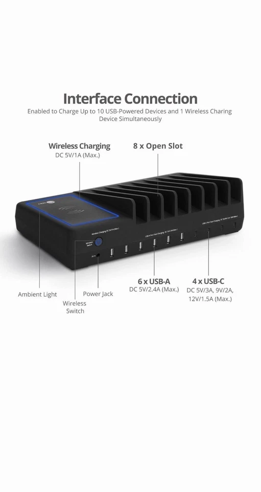 SIIG 10-Port USB-A/C & Wireless Charging Station w/ Light Deck AC-PW1H11-S1 - Image 2 of 4