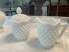 Vintage Fenton Hobnail Milk Glass Beautifully Detailed Sugar Bowl & Creamer Set