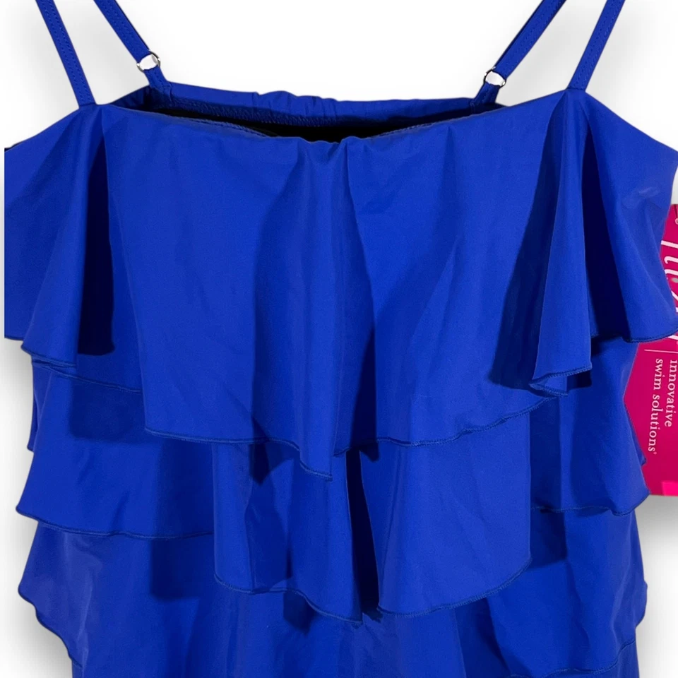 Traje de baño Fit 4 U Mameluco para mujer 10 niveles con volantes Resort verano azul cobalto nuevo Foto 3 de 4