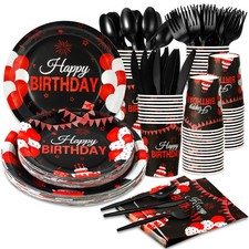 168 PIEZAS Negro Rojo Cumpleaños Fiesta Suministros Vajilla Platos Servilletas 24 Invitados