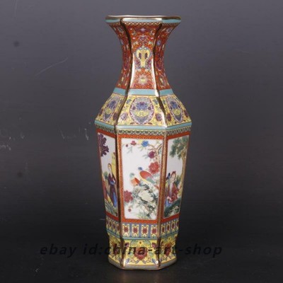 10'' China Jing De Zhen Colour Enamels Porcelain Gild Flower Bird Six Sides Vase