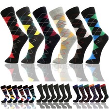 Lot of 6 Pairs Men's Cotton Argyle Diamond Striped Rib Black Dress Socks 10-13
