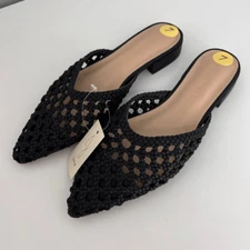 New Joie Faux Leather Woven Flats Women 7 Black Mules Pointed Toes Slip On Shoes