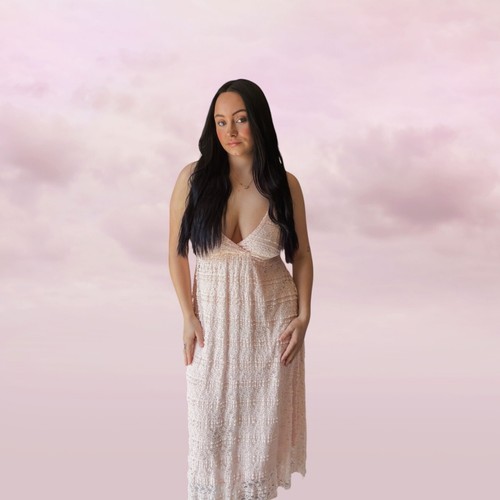 Pastel Pink Lace Tiered Maxi Dress | V-Neck Spaghetti Straps | Size M - 第 1/5 張圖片