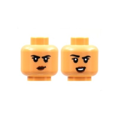 LEGO - Minifig, Head Female, Black Eyebrows, Reddish Brown Lips, Smirk / Smile