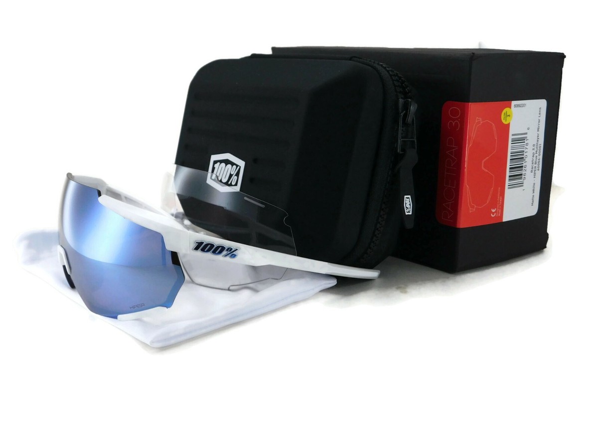 New 100% RACETRAP 3.0 Sunglasses | Matte White / HiPER Blue ML
