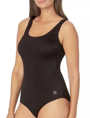 Hurley Women's One-Piece UPF 50+ Stretch Midweight Swimsuit, Black, Size XL