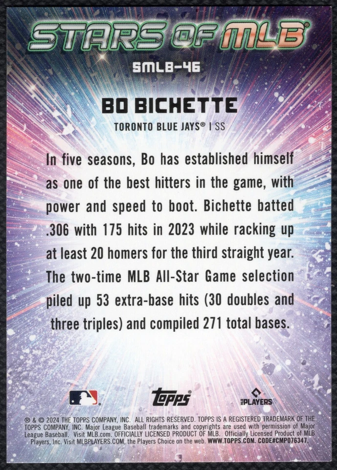 2024 Topps Series 2 Bo Bichette Stars of MLB #SMLB-46 Toronto Blue Jays - Image 2 of 2