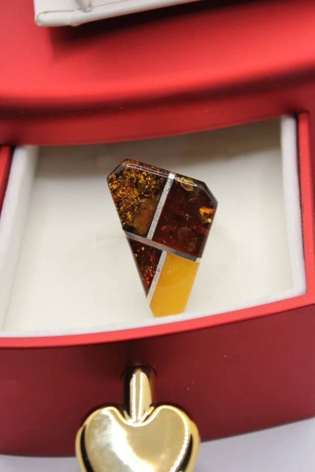 ANELLO ARGENTO AMBRA NATURALE TRIANGOLARE MM 29X23 MIS 14 GR.9,1 EXPLOIT - Immagine 2 di 4