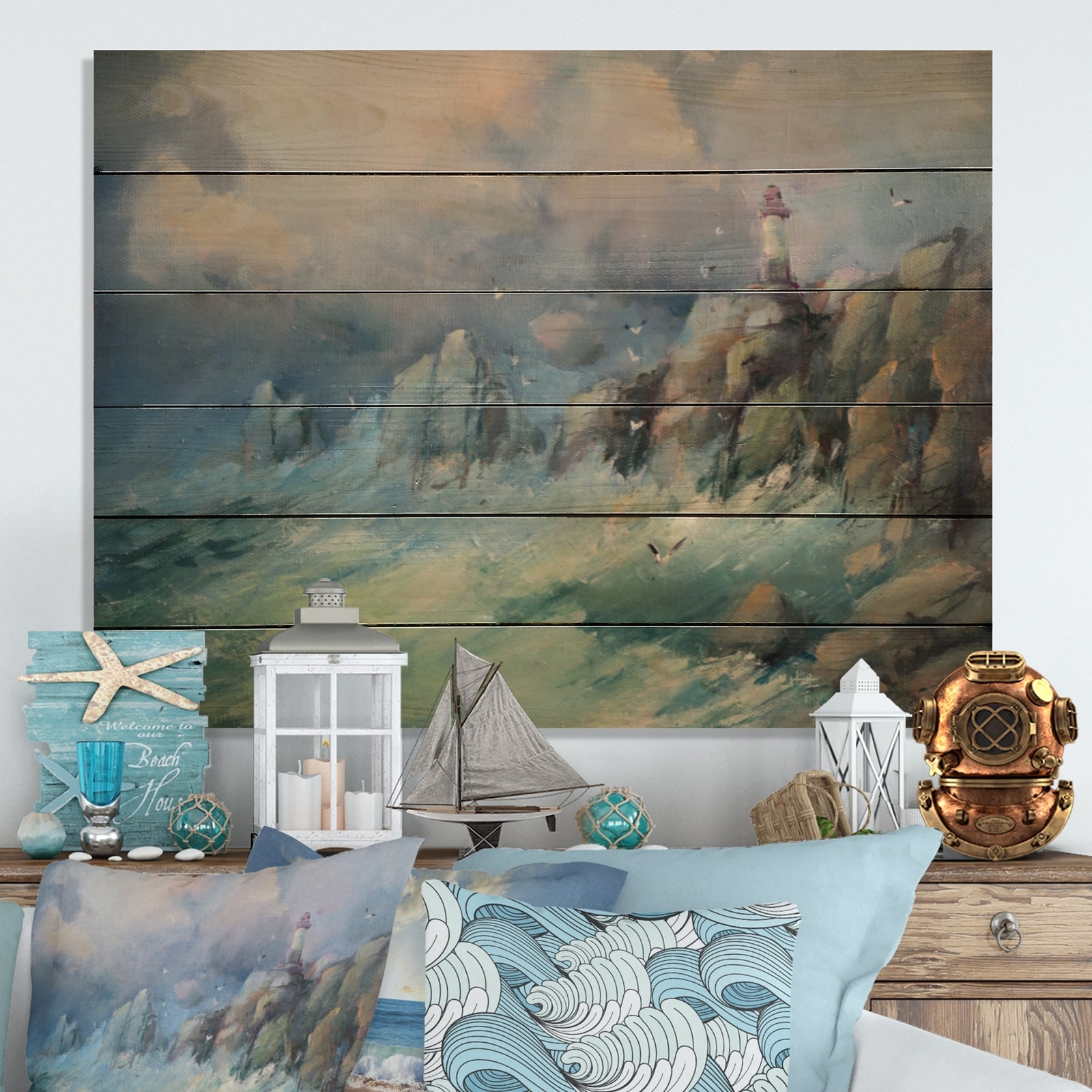 Designart 'Lighthouse Over Sea Horizon' Nautical & Coastal Wood Wall Art Décor