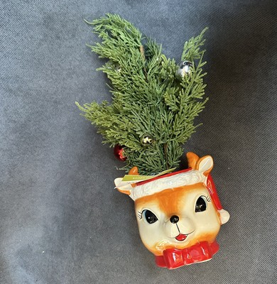 Vtg Reproduction Ceramic Reindeer Head Planter Christmas Vase Jingles & Joy