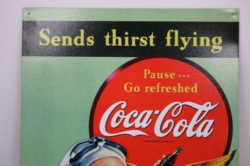 COCA- COLA TIN SIGN AVIATION SODA DRINK,PAUSE.. GO REFRESHED ,METAL 5 CENTS - Picture 3 of 4