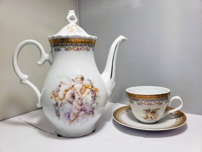 DEPOS ITALY Tea Pot with Cup & Saucer Angel Cherub Floral Decorazione Esclusiva