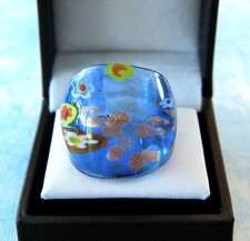 Bohemian style Blue abstract Flower Hand Blown Glass Bling Ring - Size 8.25