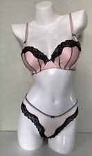 NEW Victoria's Secret Tease Push Up Bra  Mesh Thong Panty Set Pink Black 34B S