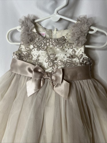 Bonnie Baby Formal Party Beige Infant Girl Dress Bow Sequin Flower 12 M - Picture 3 of 9