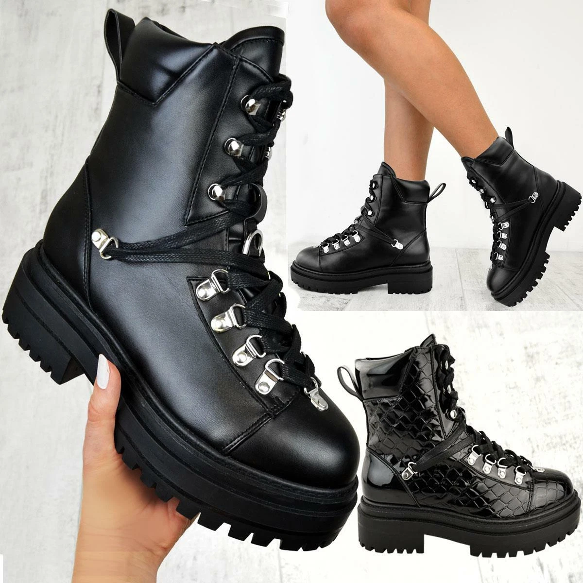 Womens Chunky Hiker Ankle Boots Metal Hardware D Rings Padded Military Shoes New