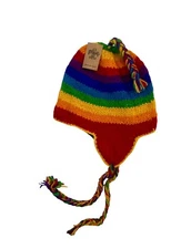 New Woman’s Rainbow Trapper Wool Winter Hat Ear Flaps Made In Nepal