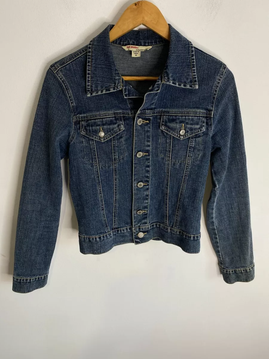 Just Jeans Denim Jacket Womens Size 10 Blue Button Up Long Sleeve Pocket Stretch