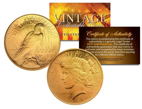 1920s AU/BU PEACE Silver Dollar US Coin 24K GOLD PLATED in Coin Capsule & Cert
