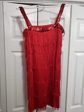 Roaring 1920's FLAPPER Costume - Red Fringe Sequined Dress - Adult Standard