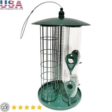 3-in-1 Metal Hanging Bird Feeder Outdoor Tube W/ 3 Feeding Ports & Perches Green