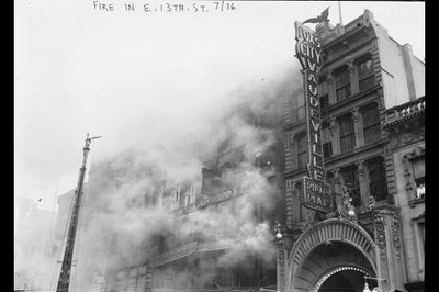 Photo:E 13th St Fire 1916 Fox's City Vaudeville Sign Smoke Building