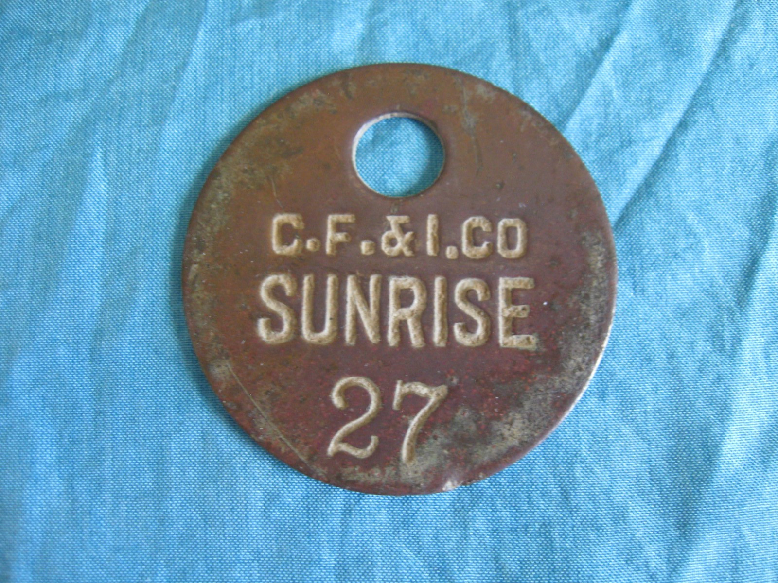 Wyoming Early Brass ID Check Tag #27 Colorado Fuel & Iron Co Sunrise Mine-Mining