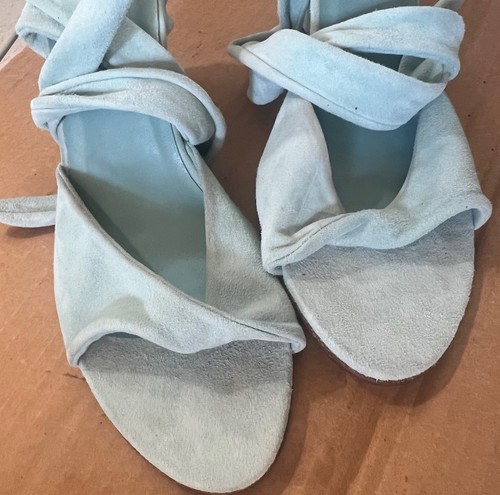 Delman 11 M Leather Toe Open High Wedge Heels Spain Blue Caribe Sue Ankle Wraps