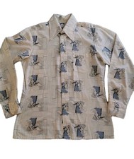 Vintage 70s Mens Shirt Disco Button Down Oversized Collar Beige Blue 42" People