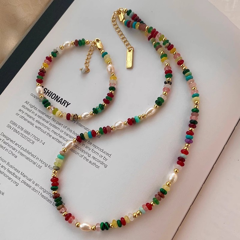 Conjunto de pulsera collar de verano arco iris perlas piedras preciosas surtidas premium para mujer