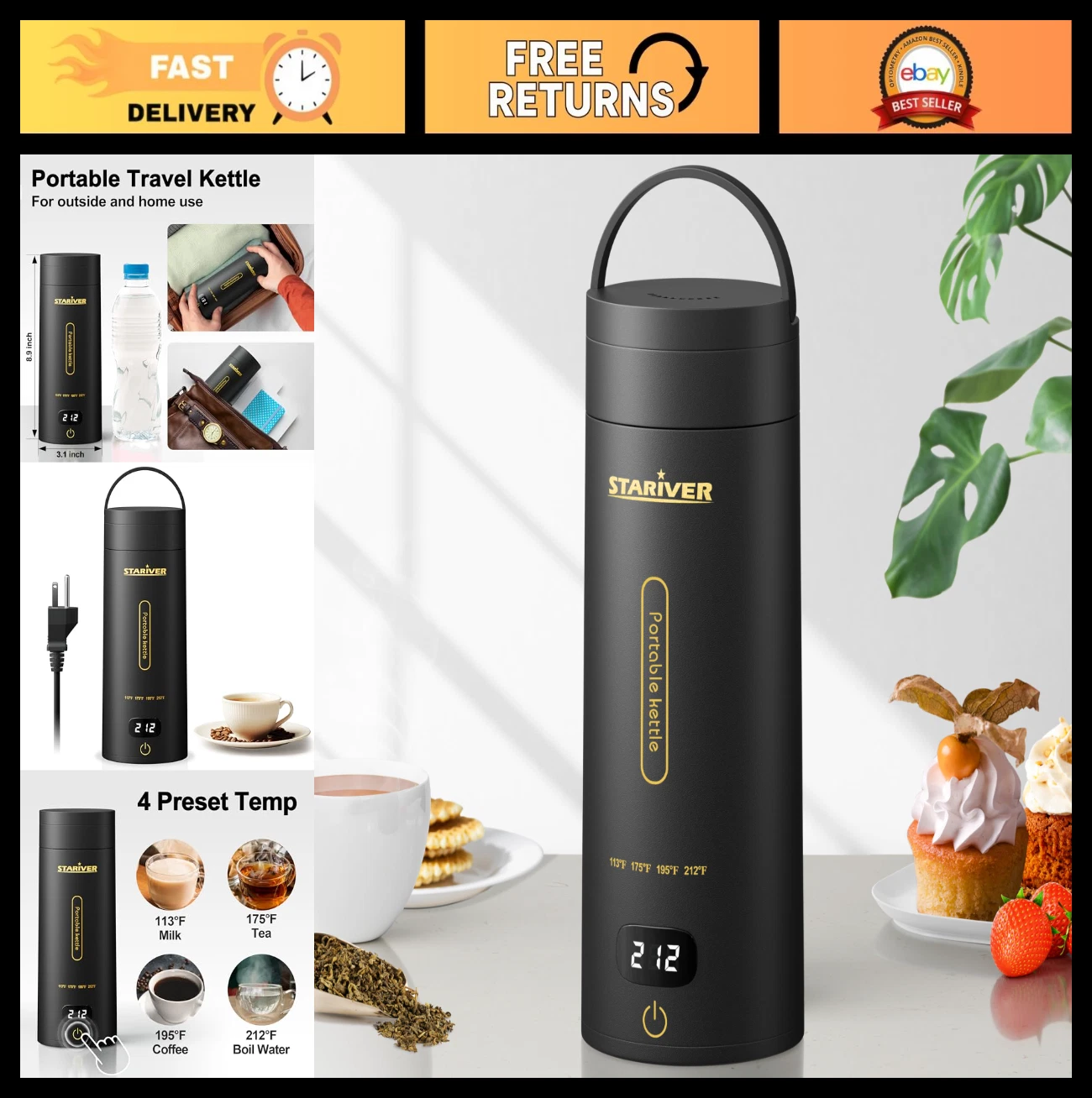 Portable Electric Kettle for Travel - 304 Stainless Steel, 4 Temp Settings, Auto