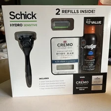 Schick Hydro Sensitive Razor Shave Gift Set, 2 Refills, Shave Gel Cremo Body Bar