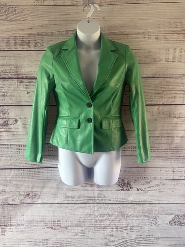 River Island Size 12 Green Faux Leather Blazer Fitted Jacket Bold Statement - Picture 11 of 20