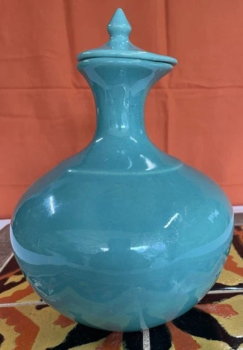 Vintage Bauer Pottery Green/ Teal Coffee Carafe With Lid.  No Handle